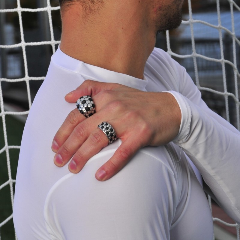 Thumbnail of Kick & Goal Soccer Black Rhodium Plated Sterling Silver Black Diamond Head Ring image