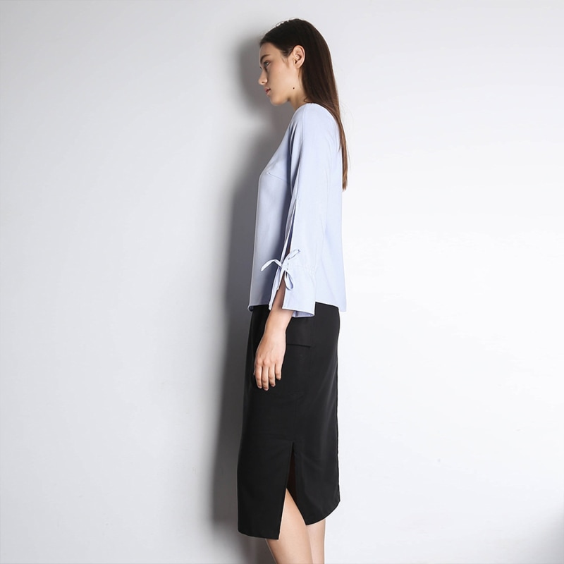 Thumbnail of Iko Long Sleeved Blouse With Drawstring Detail In Powder Blue image