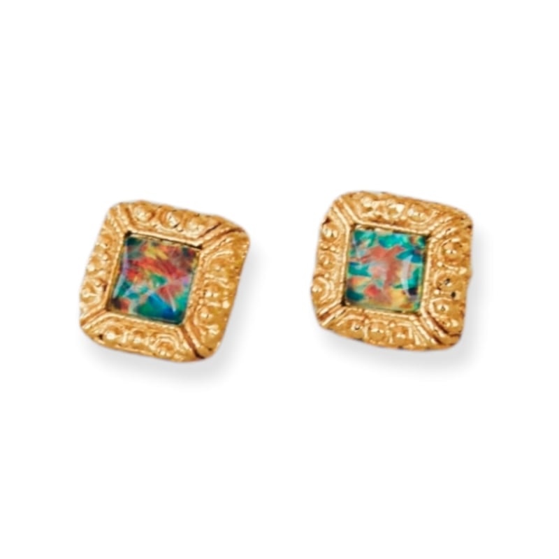 Ritz Vintage Style Square Opal Stud Earrings Blue Gold Green