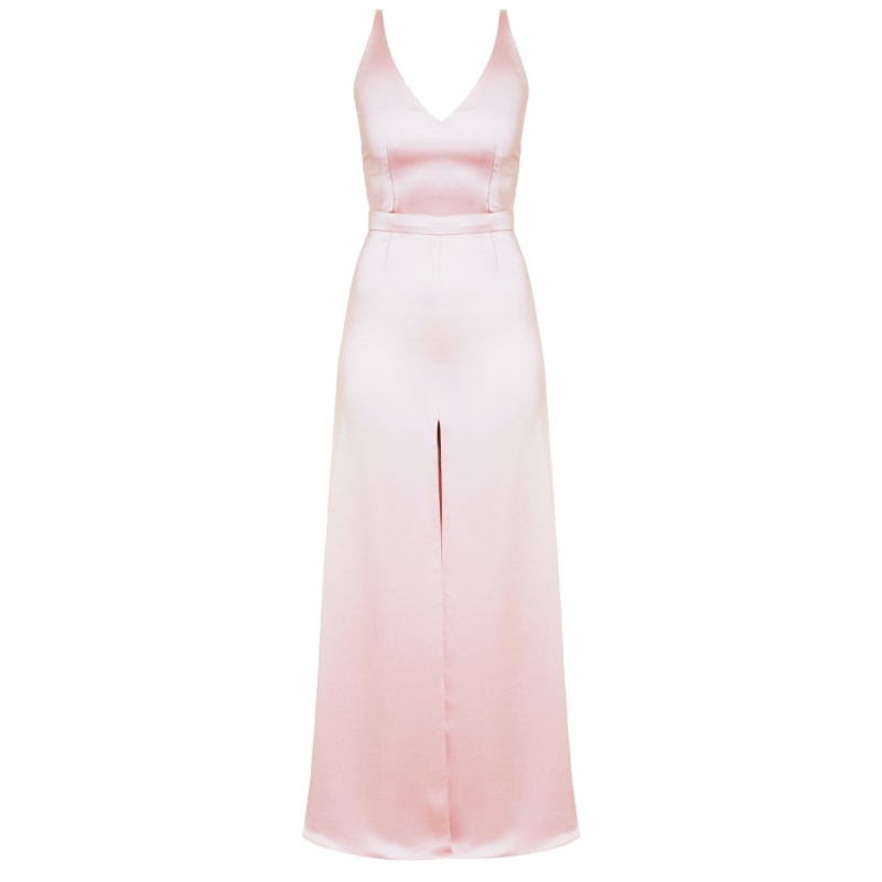 Delina Dusty Pink Satin Maxi Flared Dress With Front Slit Undress Wolf Badger