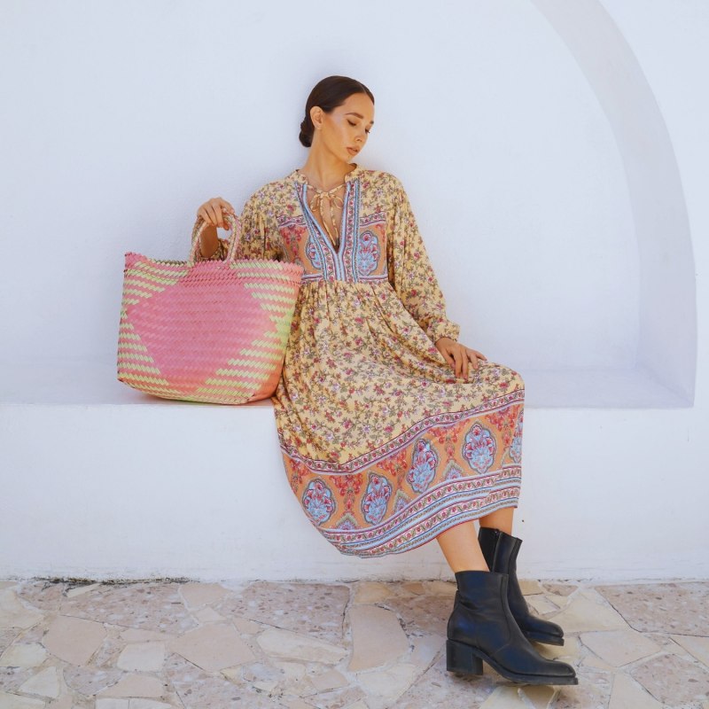 Thumbnail of Jasmin Recycled Plastic Woven Shopper Tote in Pink & Yellow image