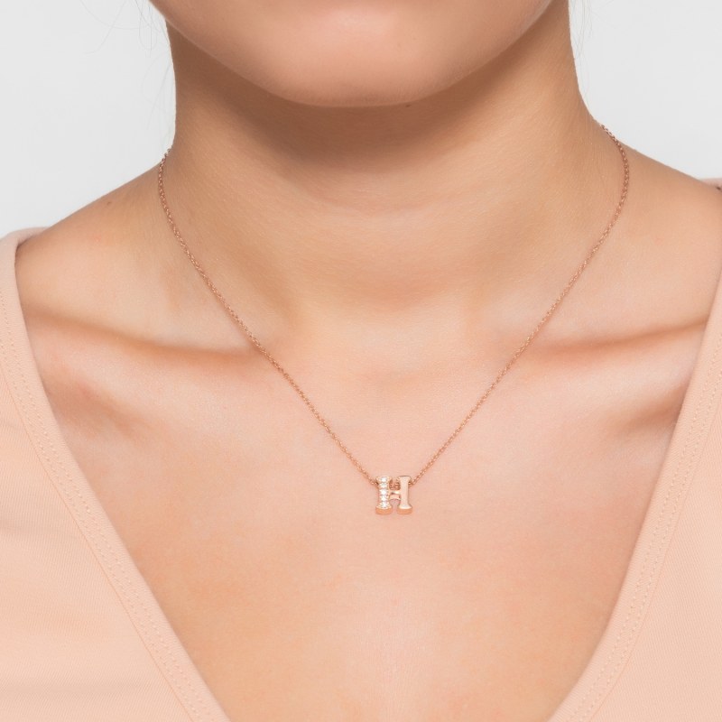 Thumbnail of Diamond Initial Letter Pendant Necklace Rose Gold H image