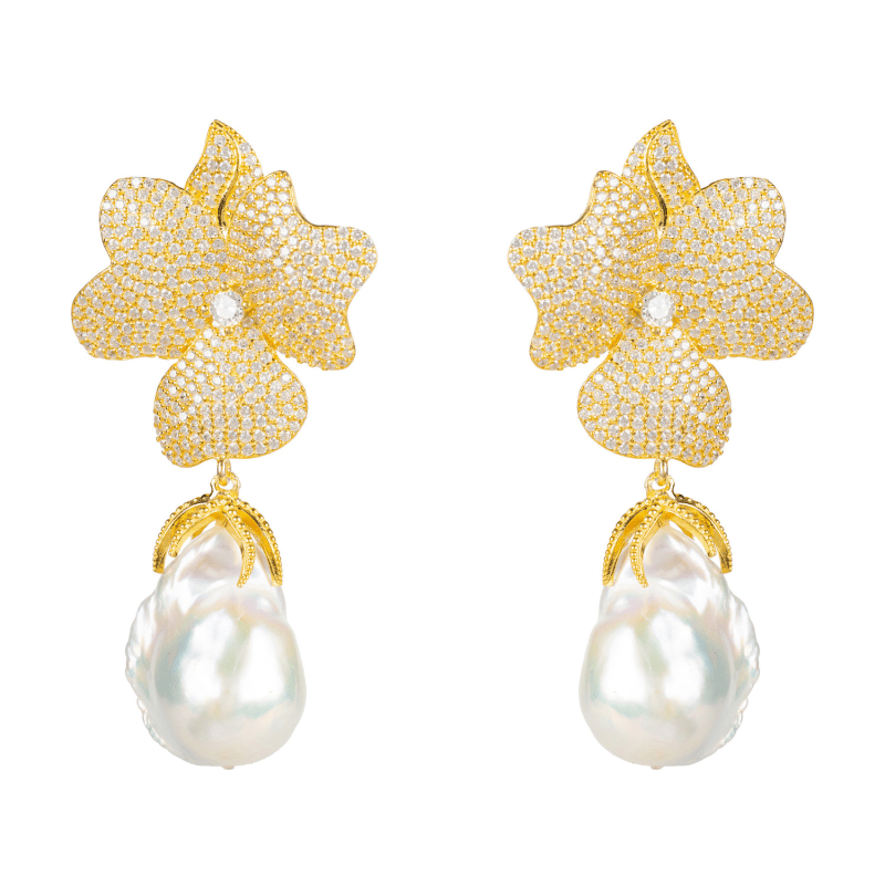 Thumbnail of Baroque Pearl White Flower Earring Yellow Gold image