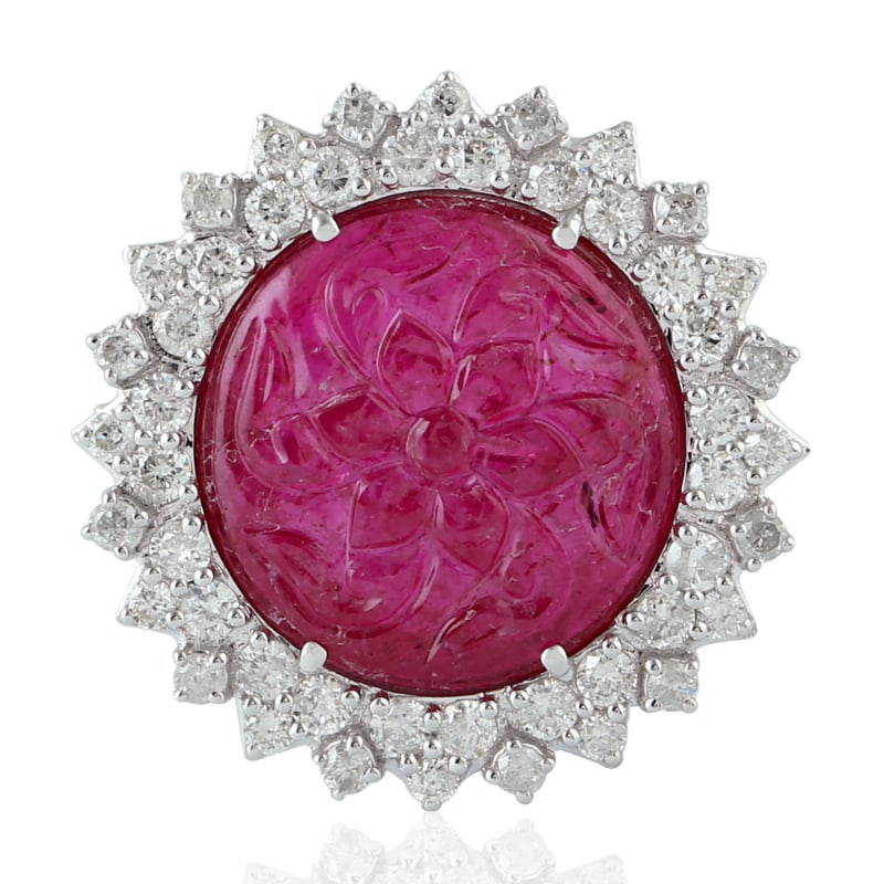 Thumbnail of 18K White Gold With Natural Diamond & Carving Ruby Flower Cocktail Ring image