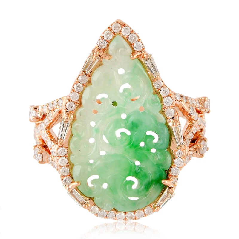 Thumbnail of 18K Rose Gold In Carved Jade Gemstone With Diamond Cocktail Ring image