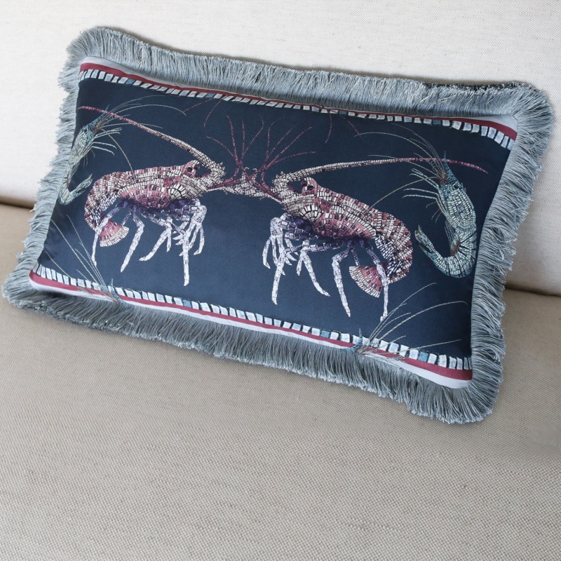 Thumbnail of Lobster And Prawn Mosaic Silk Cushion - Navy image