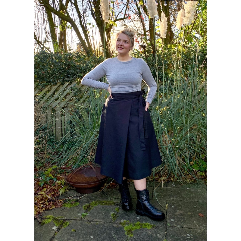 Illusion Wrap Midi Skirt In Black With Pockets by Frock Tales