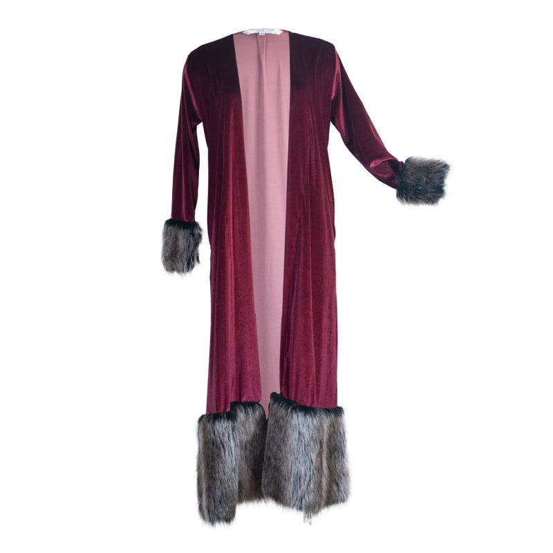 Thumbnail of Burgundy Velvet Faux Fur Cuff Coat image