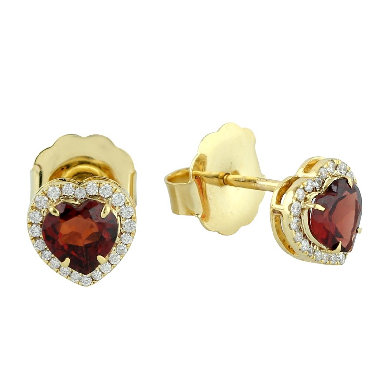 Thumbnail of Yellow Gold Pave Diamond Heart Stud Earrings Garnet Gemstone image