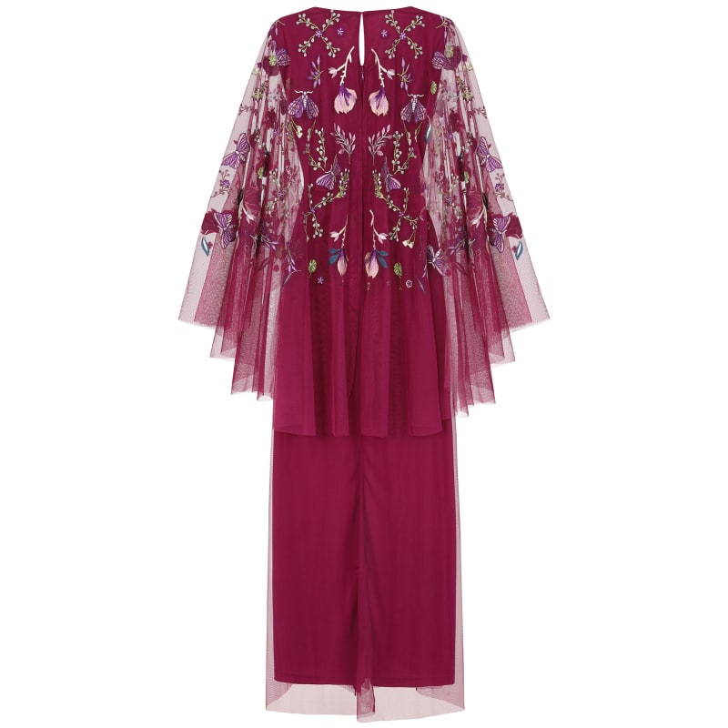 Thumbnail of Indra Floral Embroidered Maxi Dress With Cape Sleeves - Purple image