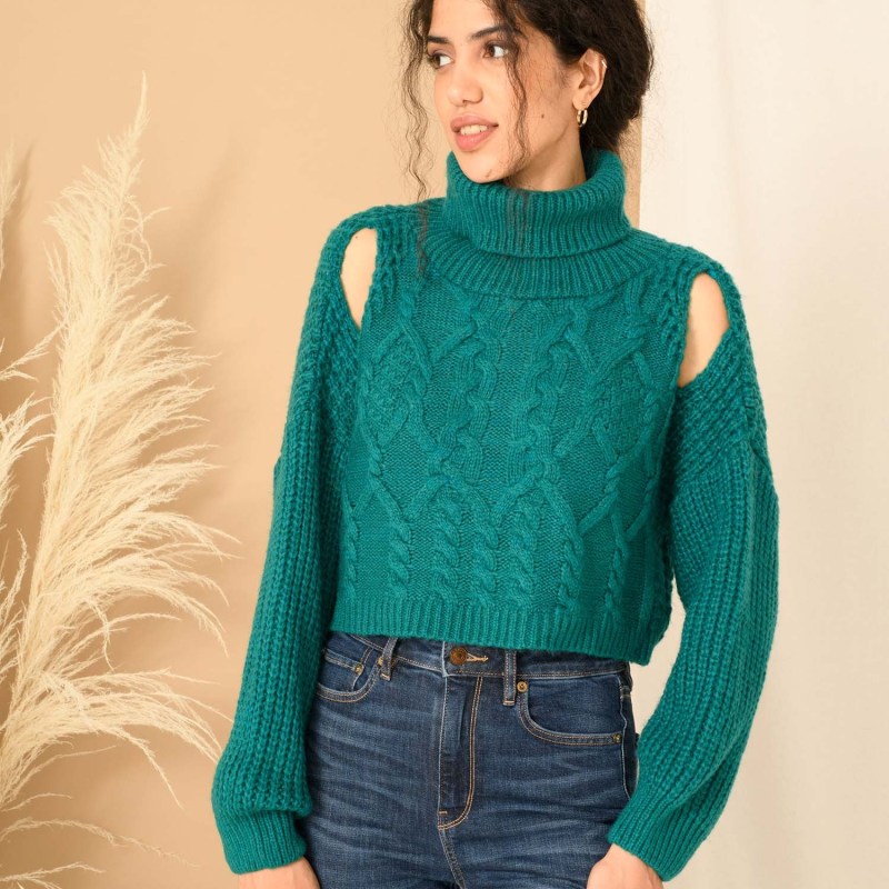 Thumbnail of Mimi Crop Cut Out Cable Jumper - Teal image