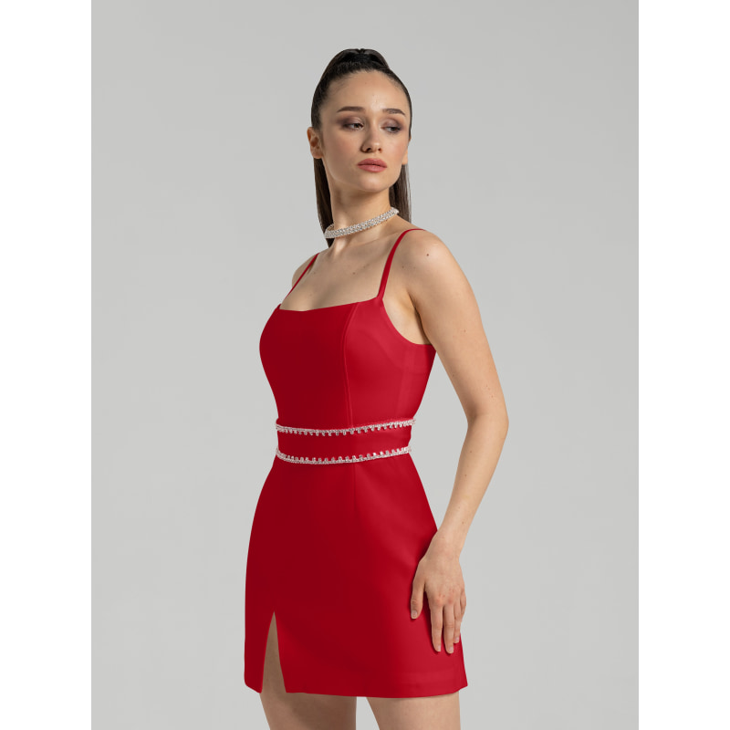 Thumbnail of Into You Fitted Mini Dress With Crystal Belt, Fierce Red image