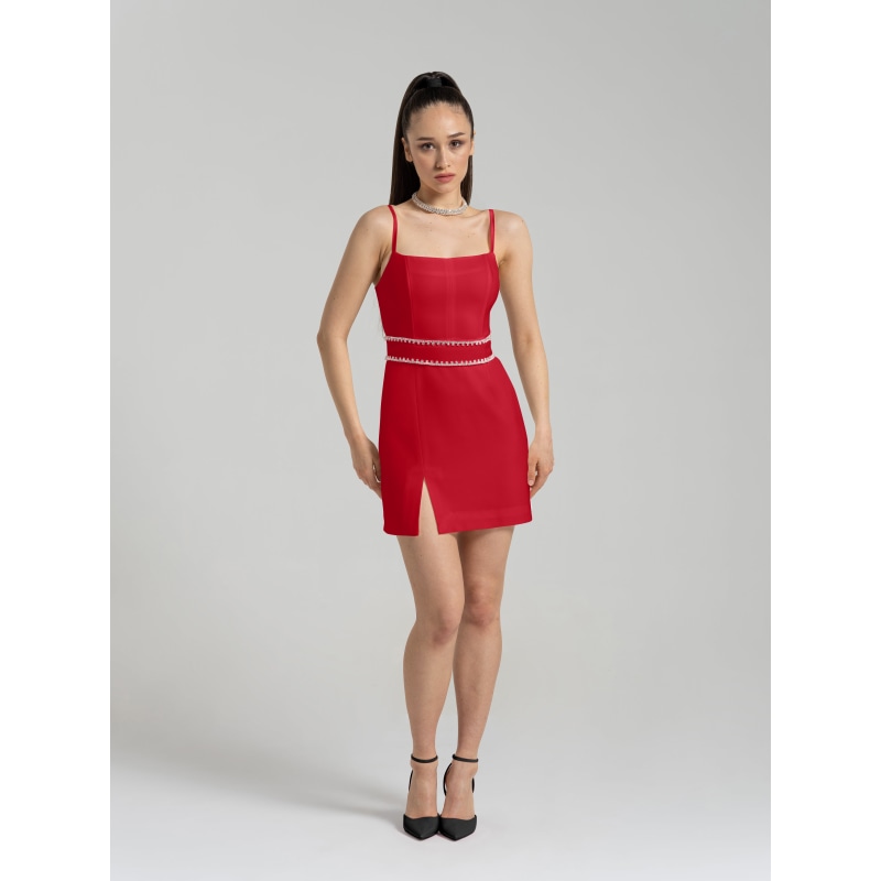 Thumbnail of Into You Fitted Mini Dress With Crystal Belt, Fierce Red image