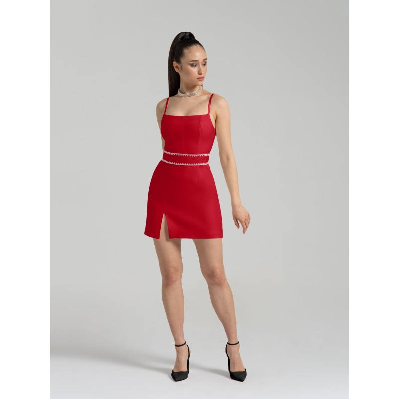 Thumbnail of Into You Fitted Mini Dress With Crystal Belt, Fierce Red image