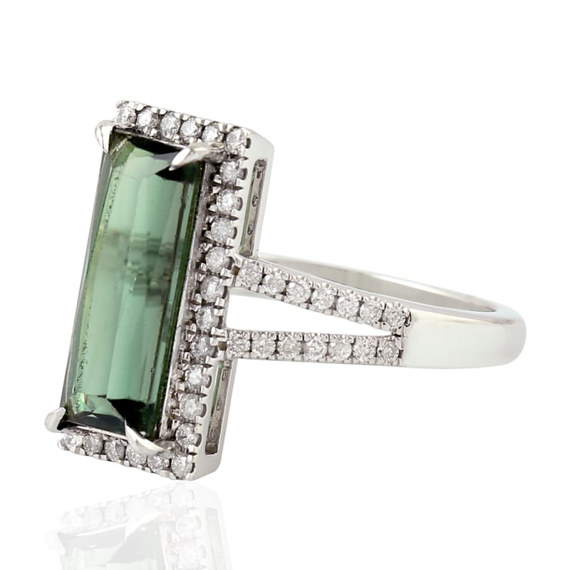 Thumbnail of 18K White Gold Cocktail Ring Green Tourmaline Pave Diamond Ring Jewelry image