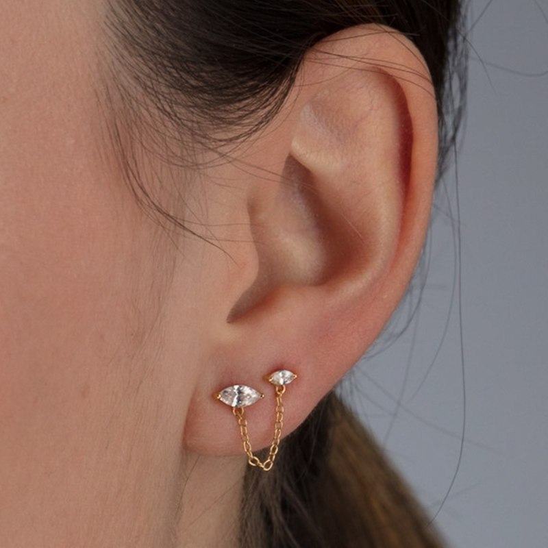 Gold Droplet Double Stud Single Earring With Chain Connector Scream Pretty Wolf Badger