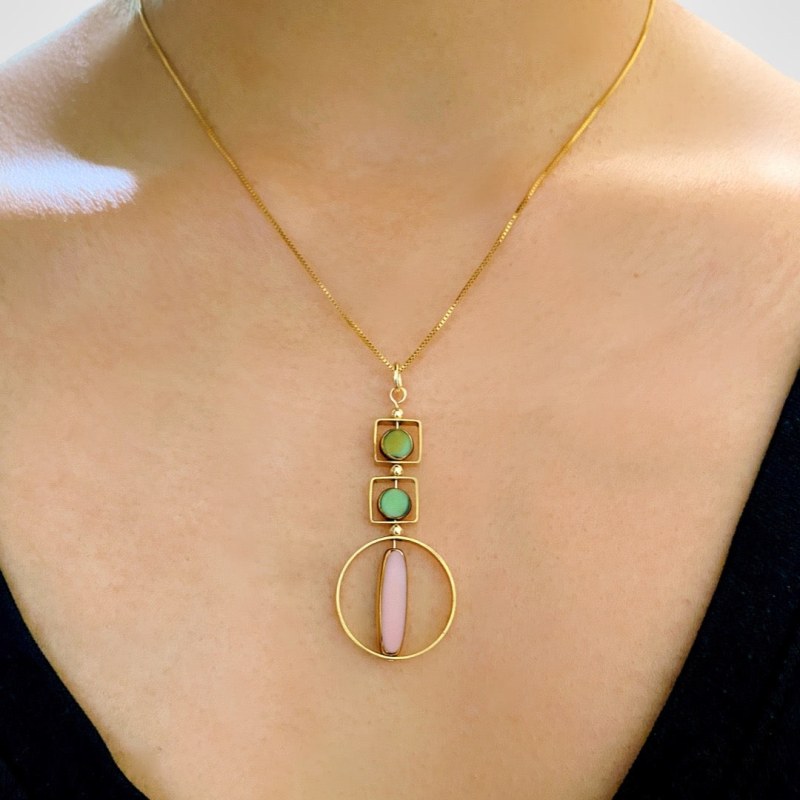 Thumbnail of Geometric Art Pink And Green Pendant Necklace image