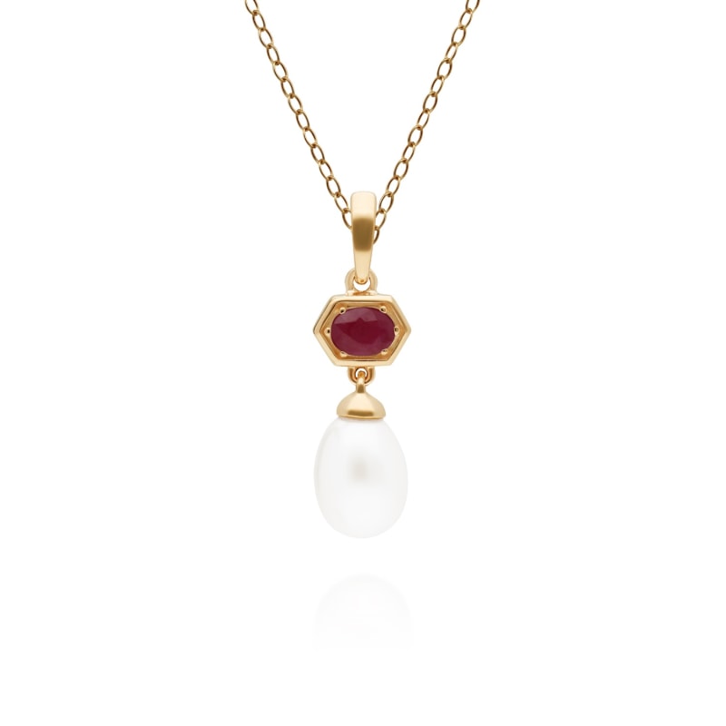 Thumbnail of Modern Pearl & Ruby Pendant In Yellow Gold Plated Silver image