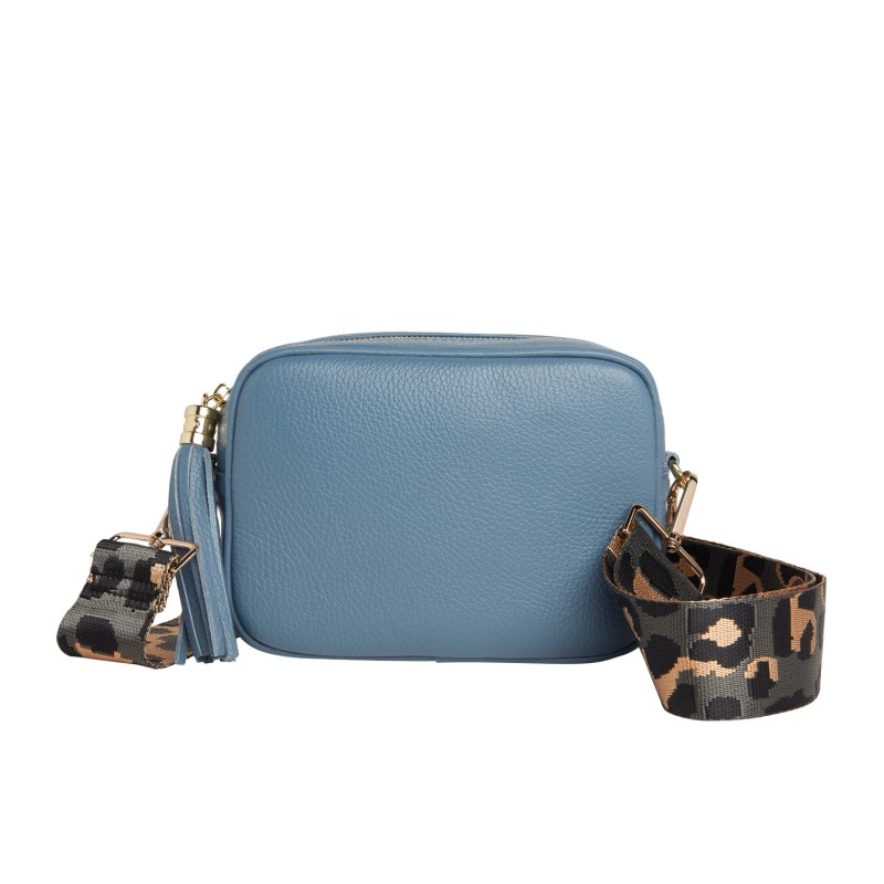 Dark Grey Leather Cross-body Bag With Grey Leopard Strap 