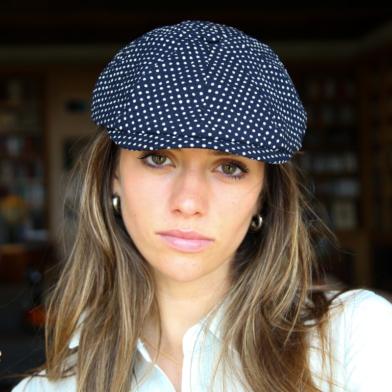 Thumbnail of Theos Moonlight Newsboy Cap In Navy Blue Polka Dot Cotton image