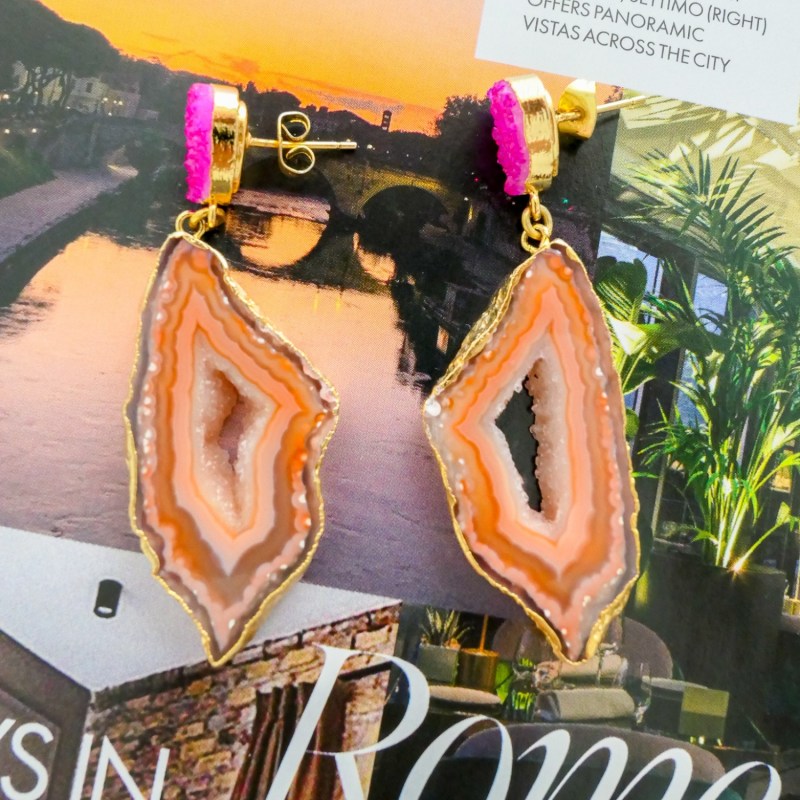 Thumbnail of Caramel Pink 'African Slice' Gemstone Gold Earrings image