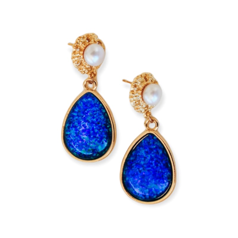 Thumbnail of Eloquence Statement Freshwater Pearl & Teardrop Blue Opal Earrings image