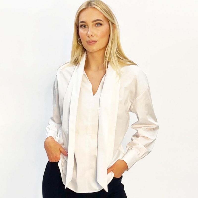 Organic Stretch Cotton White Shirt With Jabot Tie Neck The Charlton