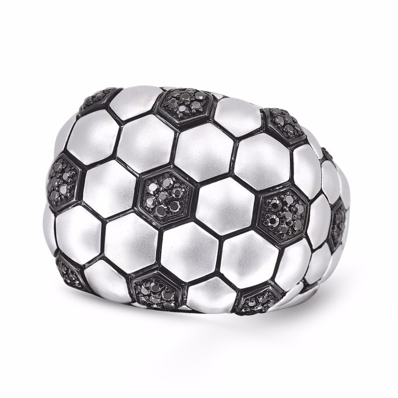 Thumbnail of Kick & Goal Soccer Black Rhodium Plated Sterling Silver Black Diamond Head Ring image