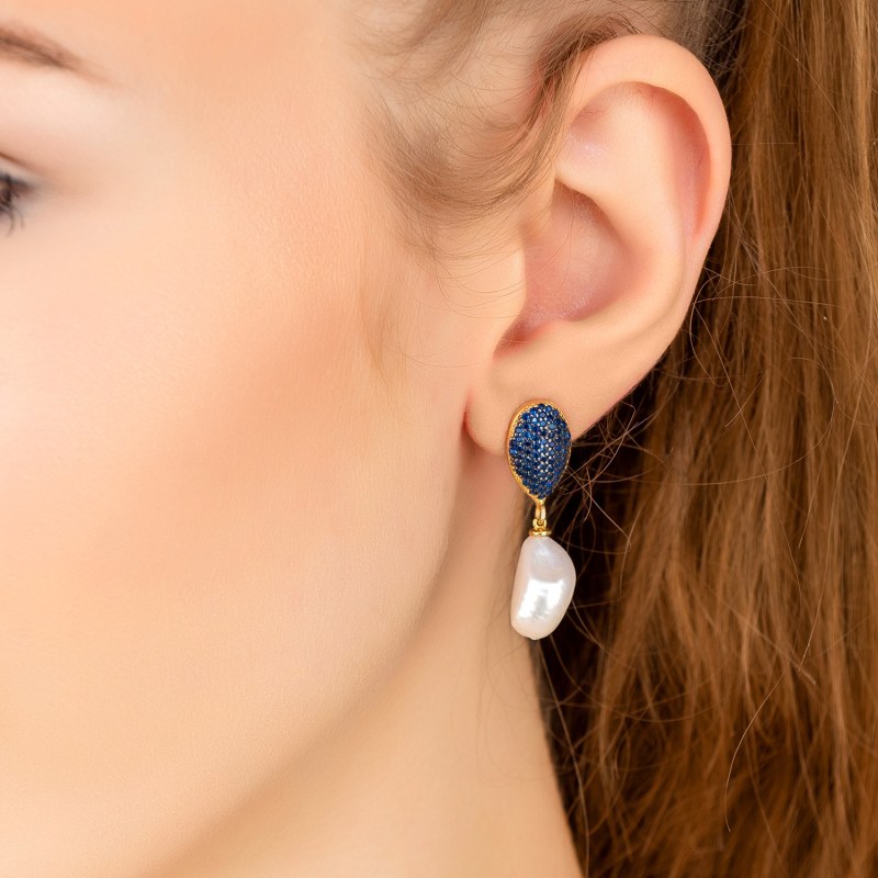 Thumbnail of Baroque Pearl Classic Drop Earrings Gold Sapphire Blue Cz image