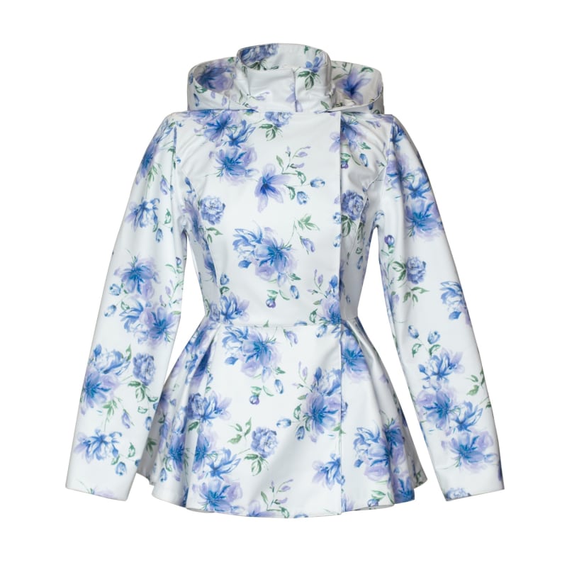 White Jacket With Detachable Hood And Blue Flower Print Blue Whisper by RainSisters