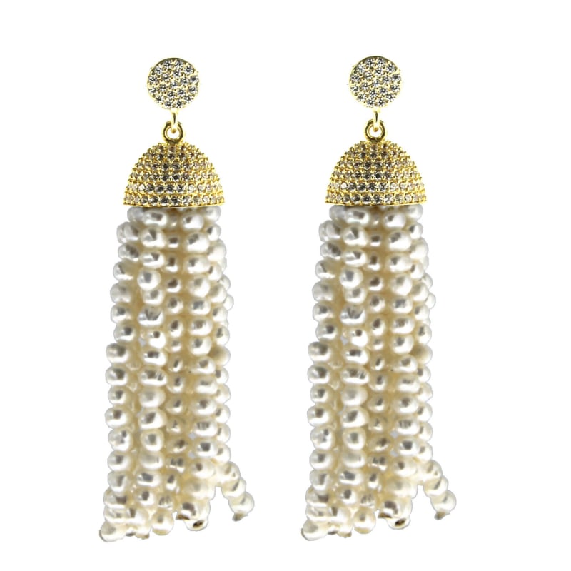 Thumbnail of Sterling Silver Pearl Tassel Earrings in Yellow Gold image