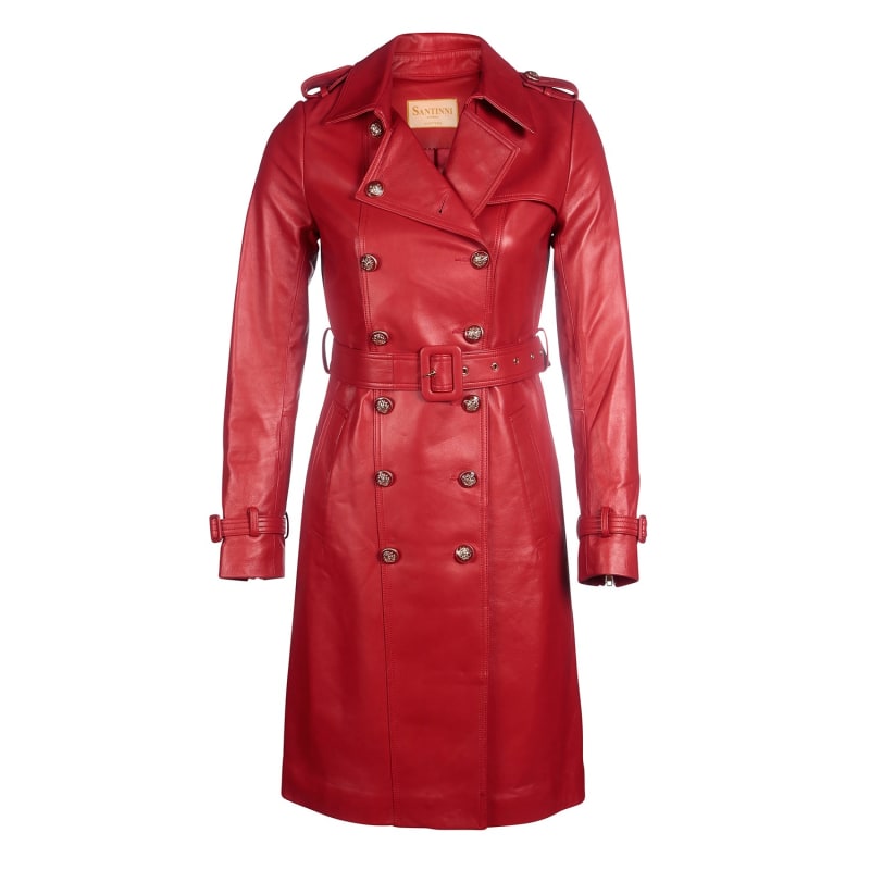 Belle Du Jour 100 Leather Trench Coat In Rosso Santinni Wolf Badger