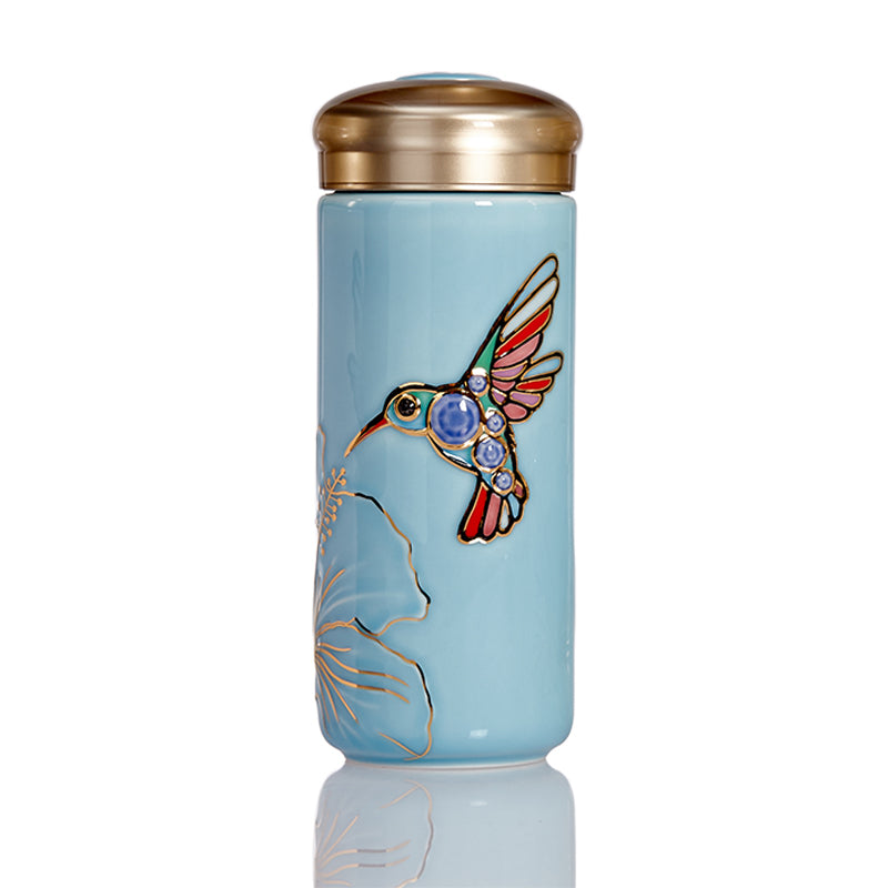 Honey Bee 12.3oz Ceramic Travel Mug (Gold) White with Hand-Painted Gold and Red Bees
