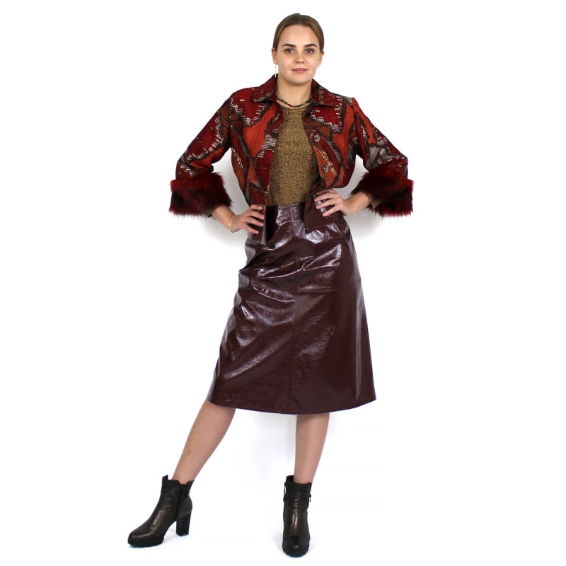 Thumbnail of Mid-Length Vegan Patent Leather Maroon Skirt image