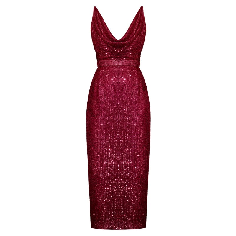 Berta Red Wine Sequin Draped Front Open Back Midi Dress Undress Wolf Badger