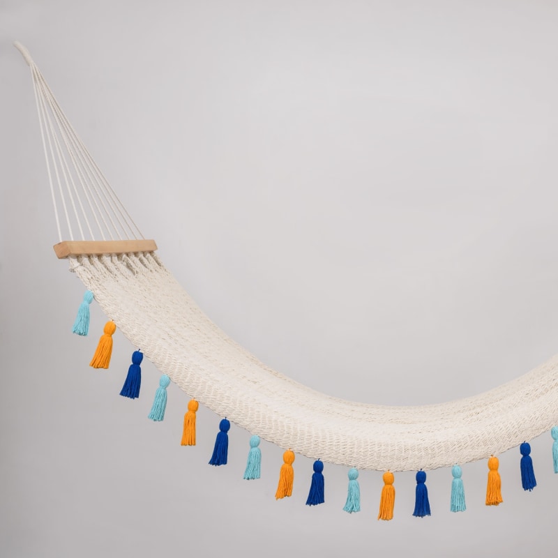 Thumbnail of Deluxe Natural Cotton Hammock With Hue Inspired Tassels - Teak Wooden Bar image