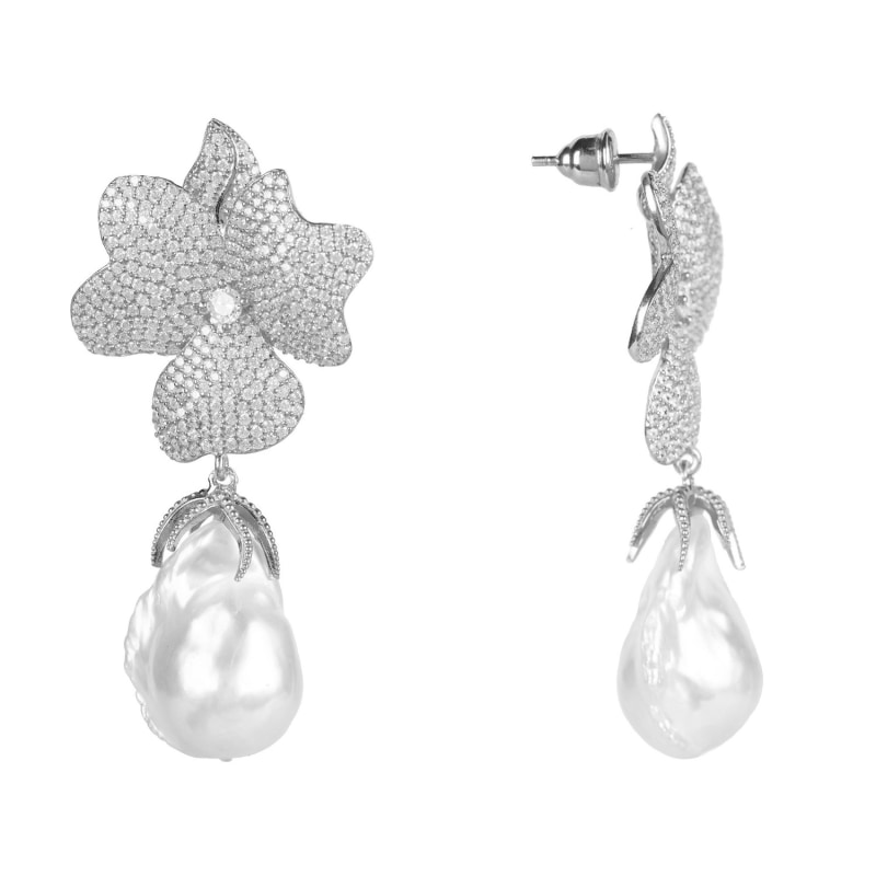 Thumbnail of Baroque Pearl White Flower Drop Earrings Silver image