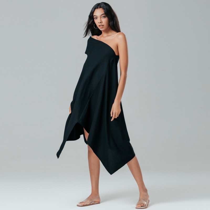 Black asymmetric midi dress hotsell