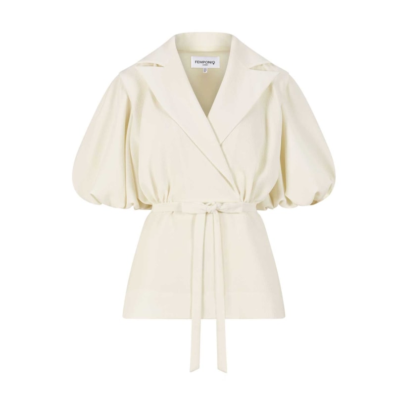 Thumbnail of Draped Puff Sleeve Tailored Blouse - Ivory image