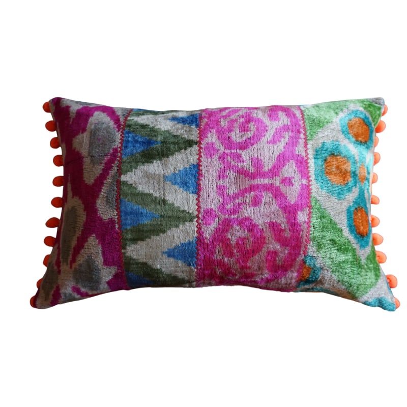 Thumbnail of Multi Coloured Patchwork Ikat Cushion With Pom Pom image