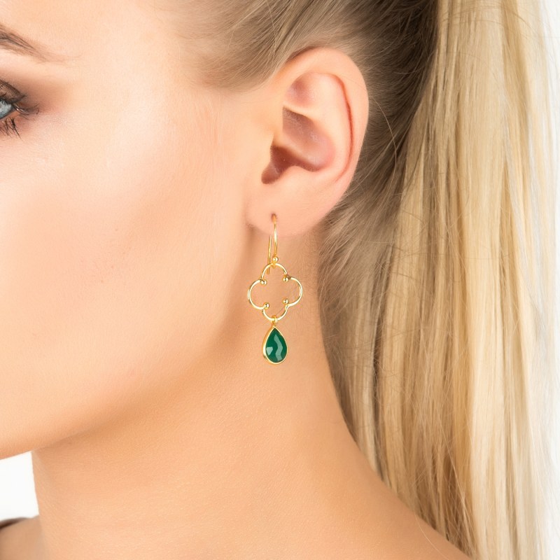 Thumbnail of Open Clover Gemstone Drop Earrings Gold Green Onyx image