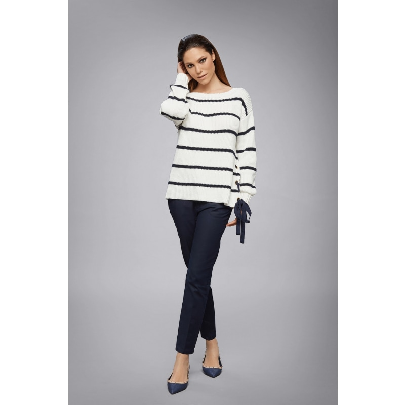 Thumbnail of Monaco Striped Cotton Sweater With Metal Eyelets In Cream image