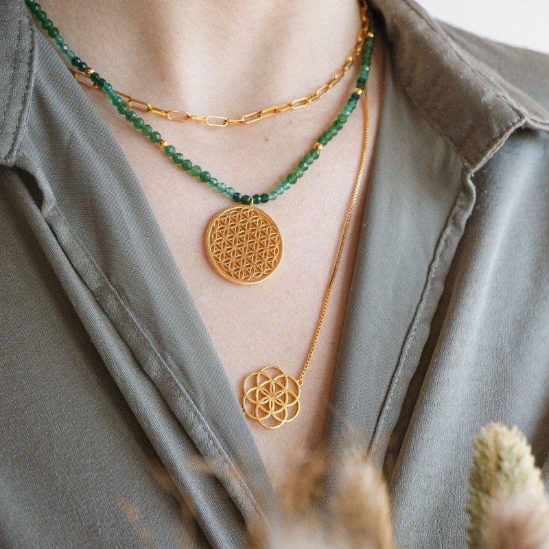 Thumbnail of Joy And Prosperity Flower Of Life Necklace, Green Aventurine, Spinel, Chrysoprase, Gold, All Gender image