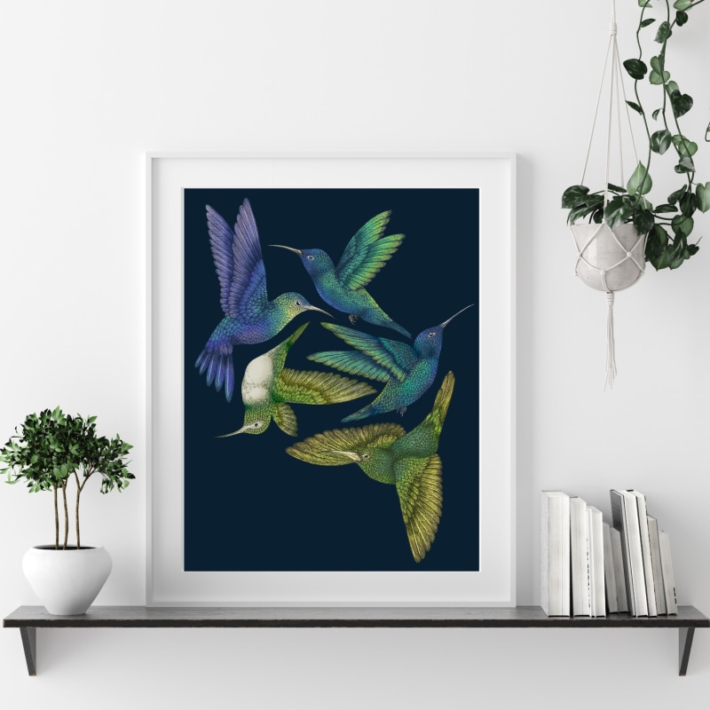 Thumbnail of Antique Hummingbirds I Indigo Fine Art Print - A4 image