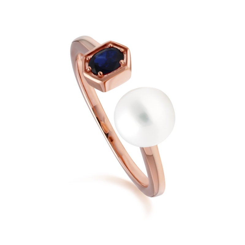 Thumbnail of Pearl & Sapphire Open Ring In Rose Gold Plated Sterling Silver image