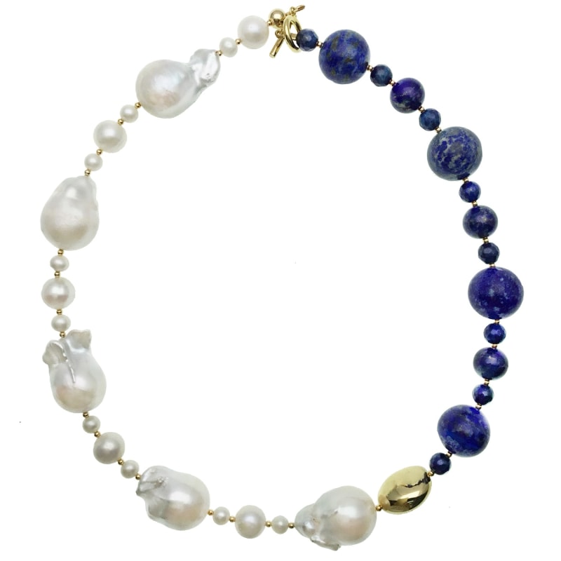 Thumbnail of Farra Baroque Pearls & Round Lapis Short Necklace image