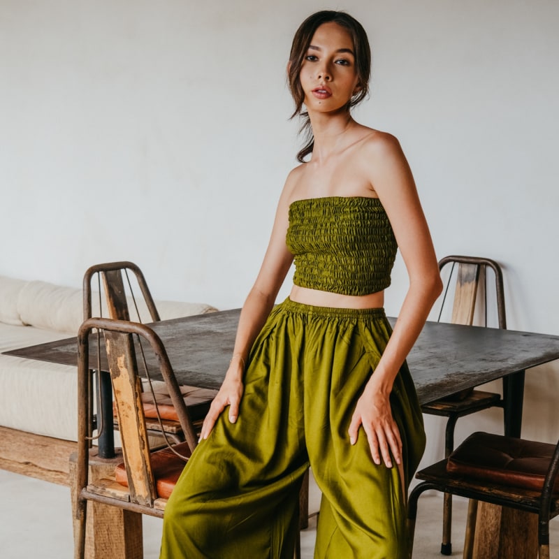 Thumbnail of Judith Smocked And Ruffle Tube Top In Olive Green image