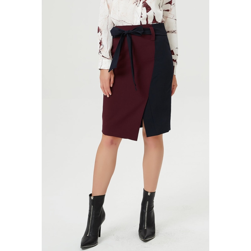 Asymmetrical Color Block Skirt With Knot Belt by Smart and Joy