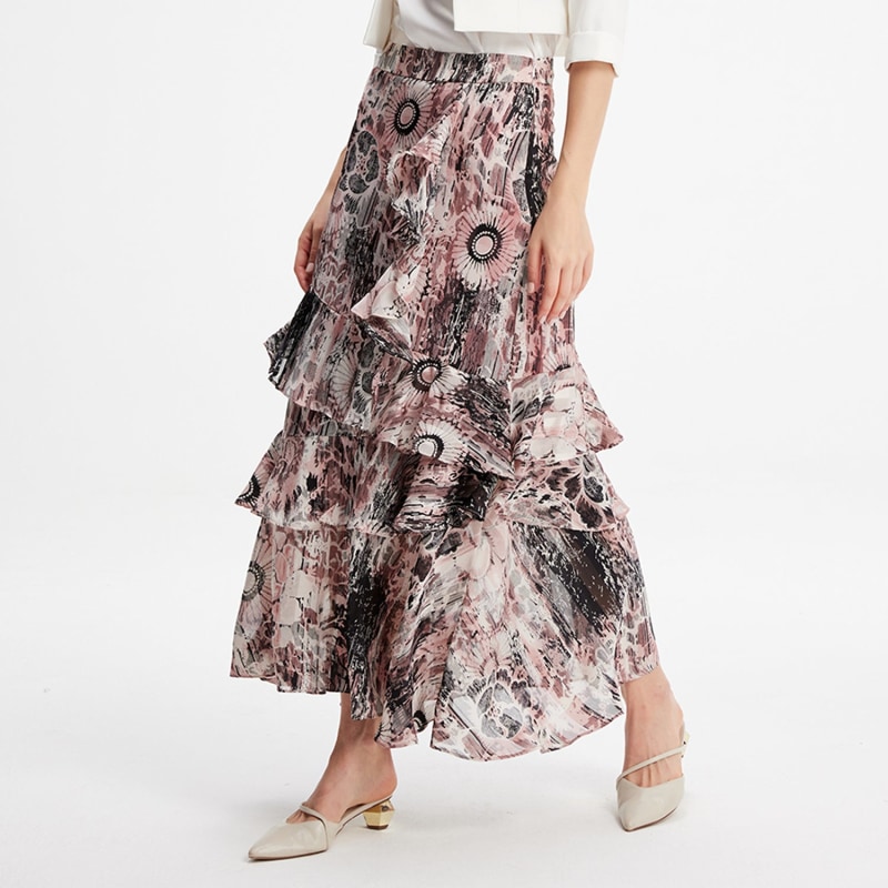 Elegant chiffon fabric flair skirt floral print and plated body