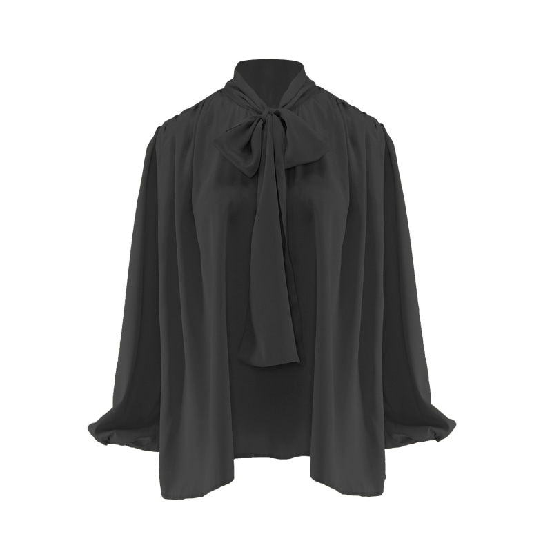 Thumbnail of Black  Blouse With Draped Shoulders & Bow Ribbon image